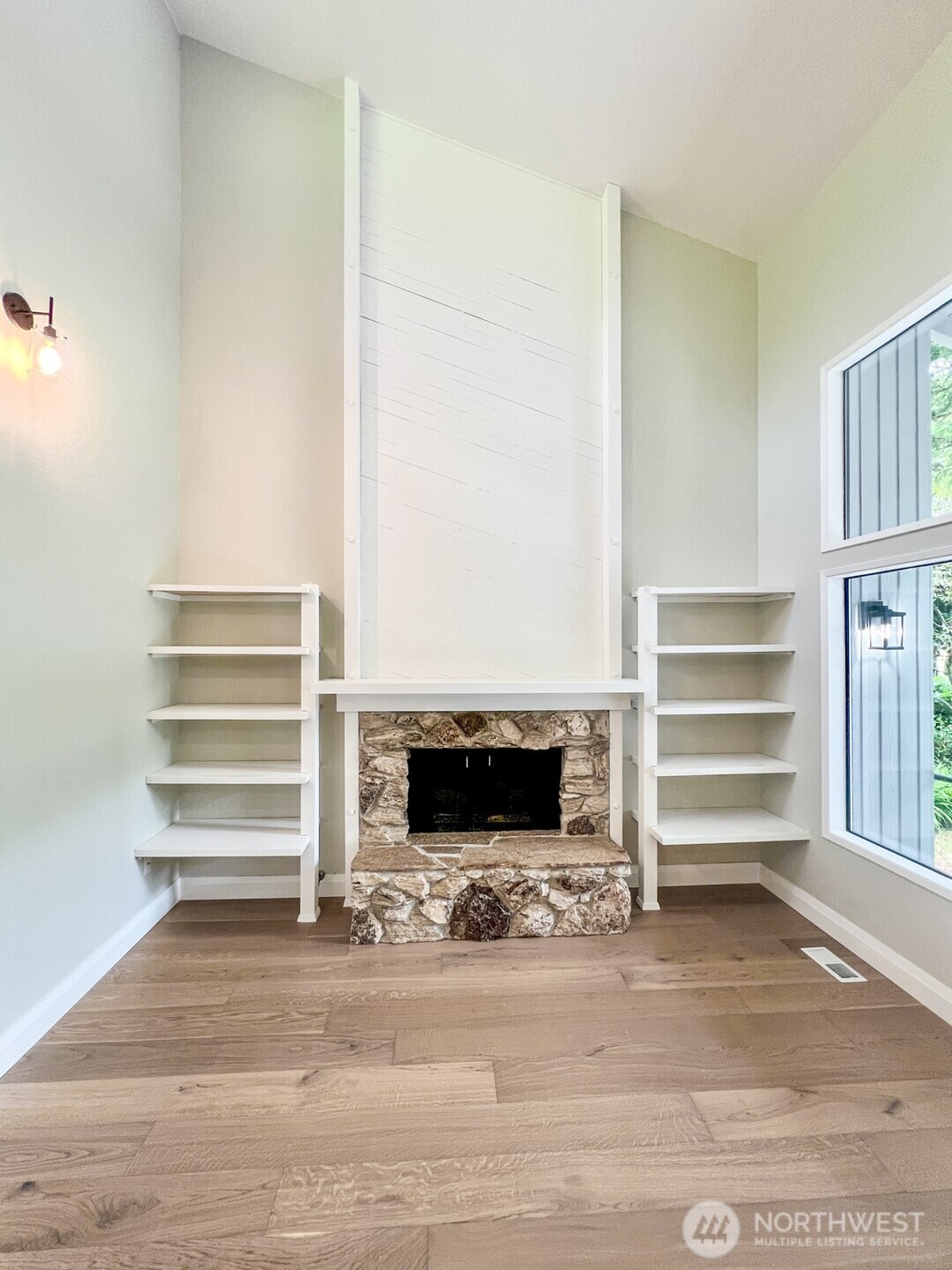 Family room with built in shelves