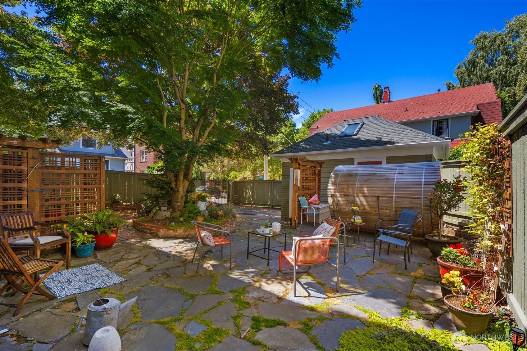 Charming wood-barrel sauna completes the zen-like space of the courtyard!