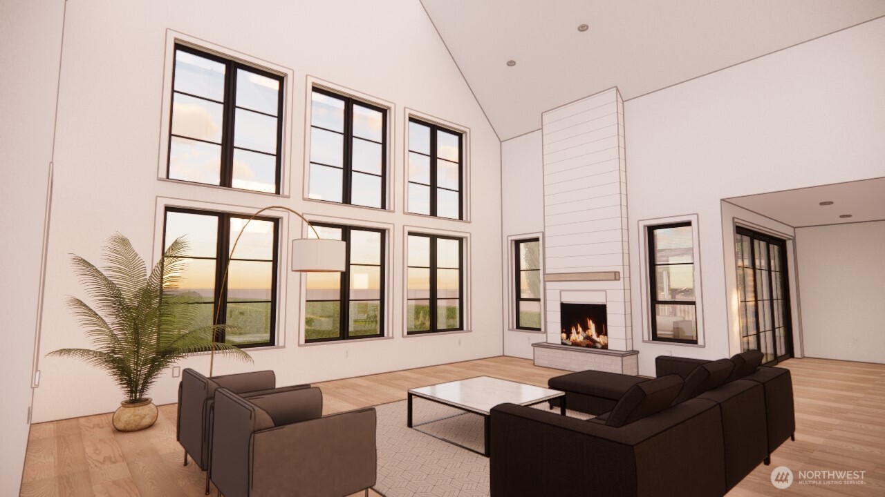 An ideal layout boasts a grand living room with vaulted ceilings & tiled centerpiece fireplace, a wet bar with full-size beverage fridge, a main floor office, and flexible guest suite.