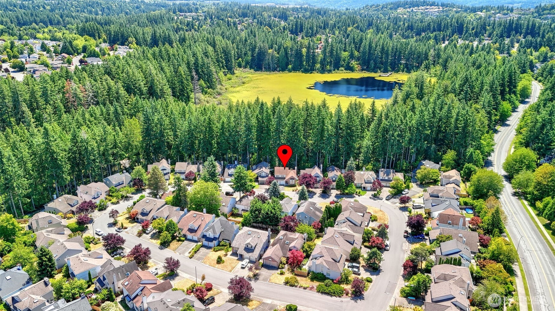 The small red dot is where the home is located there is wonderful a path that goes all the way around Yellow Lake.  During the Fall and Winter there are excellent views of the Lake.