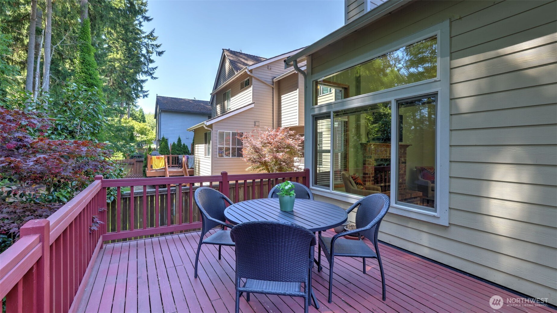 Morning coffee, afternoon get togethers, watching play in the backyard.  There is a 25 yard walk to access the path around Yellow Lake.