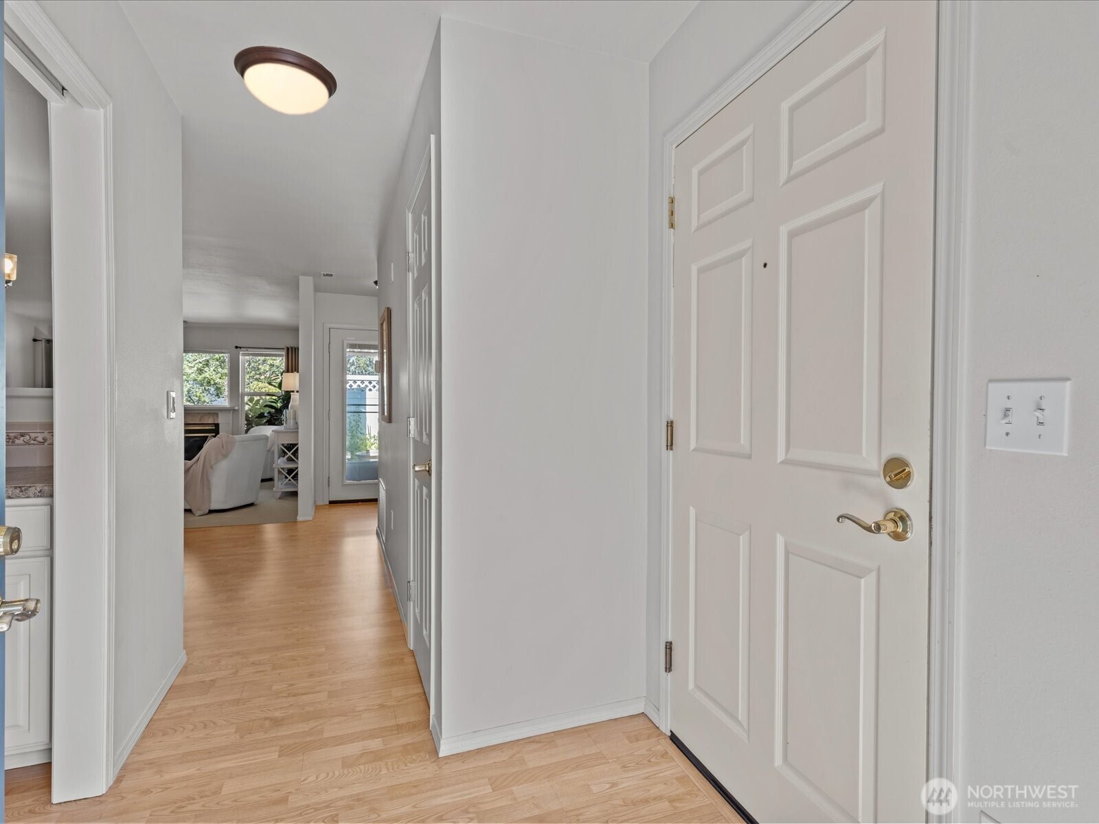 Entry with hardwood laminate flooring.