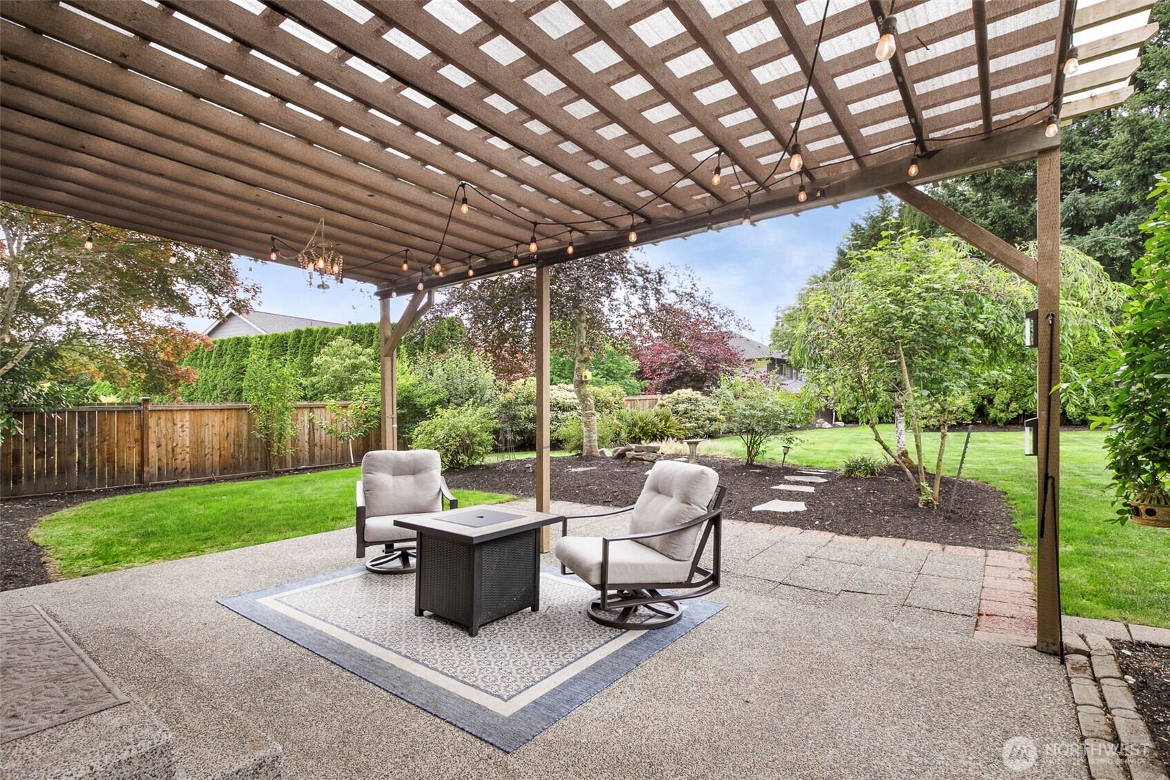 Amazing privacy on this west facing patio & backyard. Sun-screened arbor; fully fenced, level & sprinklered backyard