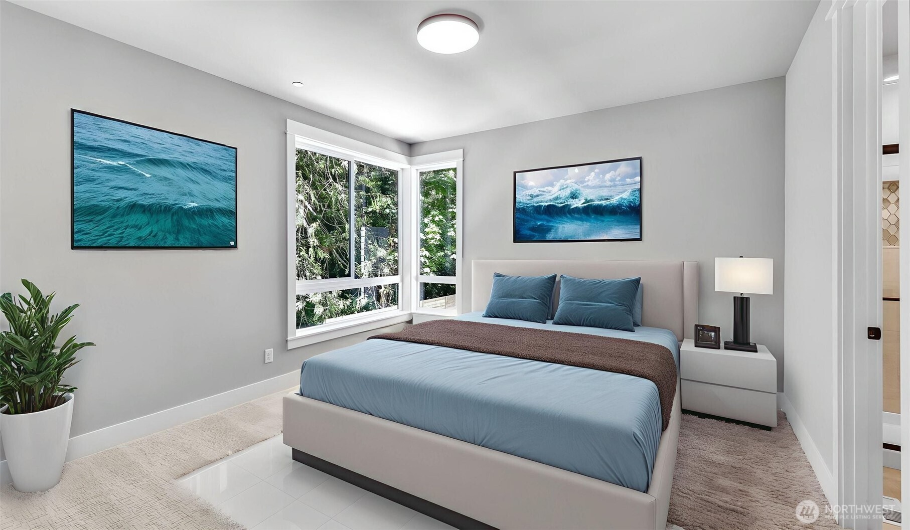 One of four bedrooms on the Upper Level. NOTE: don't miss the private en-suite to the right. Virtually staged.