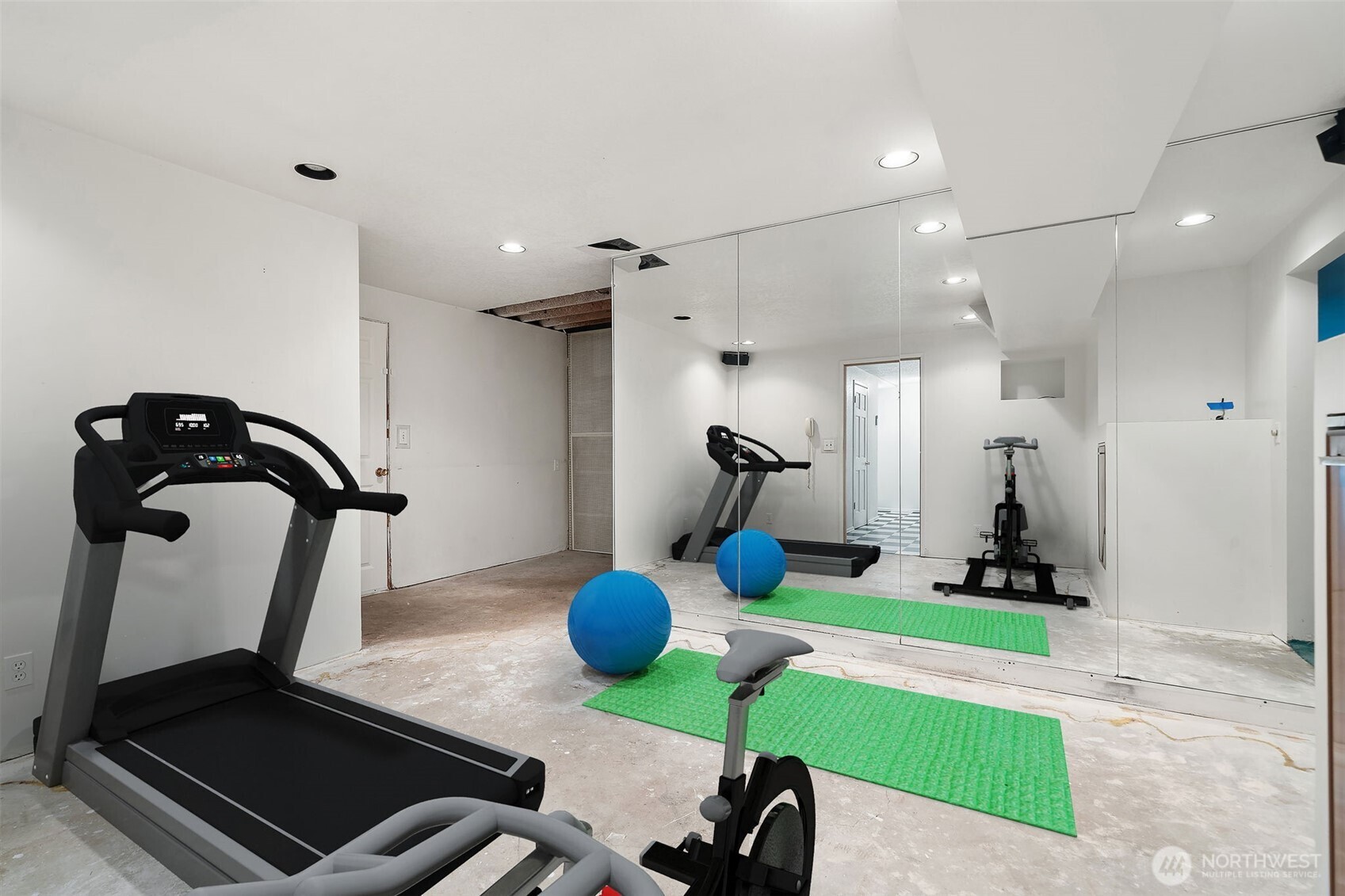 Mirrored room off the lower entry area and next to the garage - perfect and cool for workout space or storage! Virtually staged to show potential of this space!