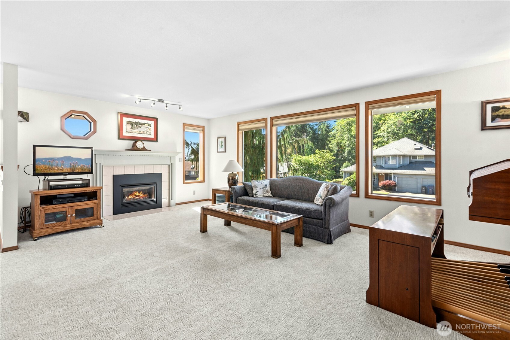 Big, bright living room with new carpet.