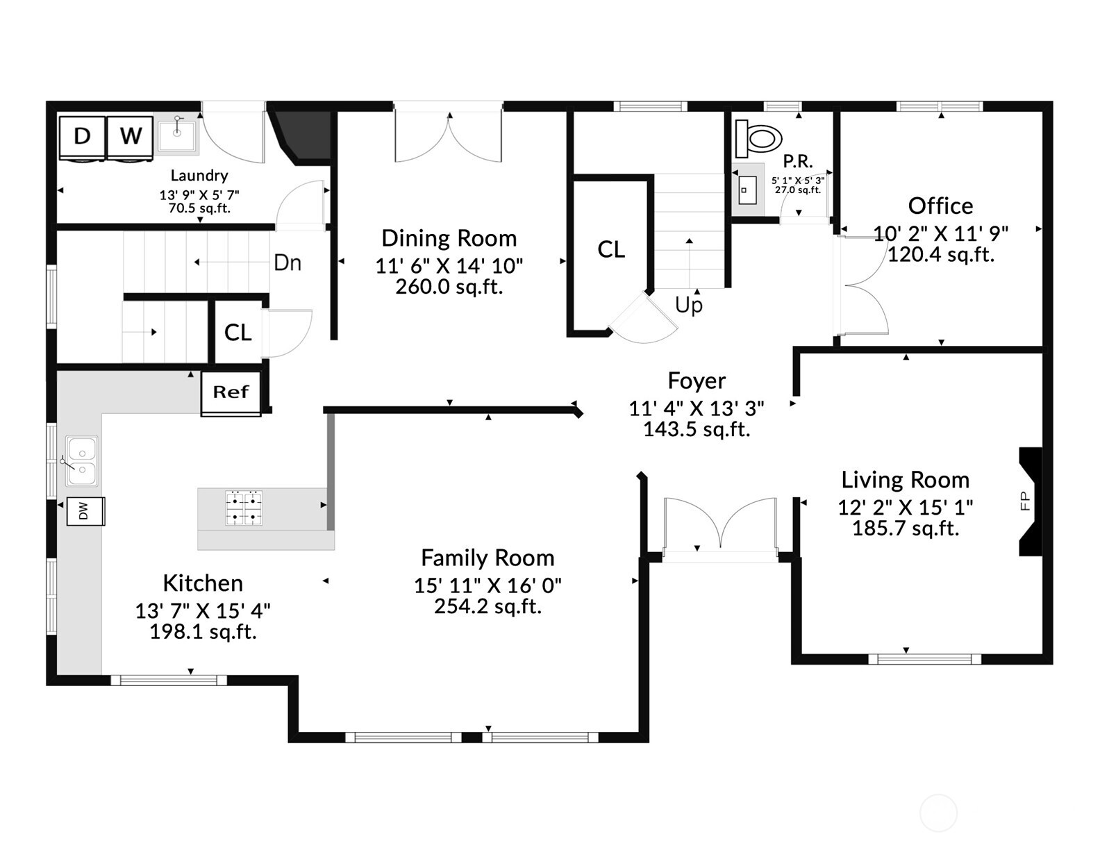 Main floor plan with open concept kitchen, family room, formal living and dining room plus den. Central access foyer is perfect for staying connected to other parts of the house, while still keeping sections private.
