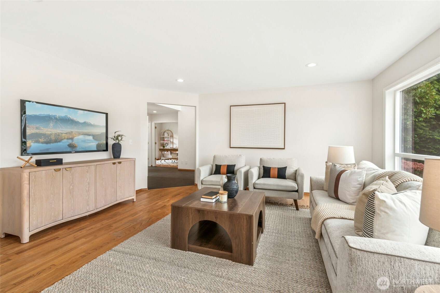Looking back at the spacious main floor Family Room from the kitchen/eating area.