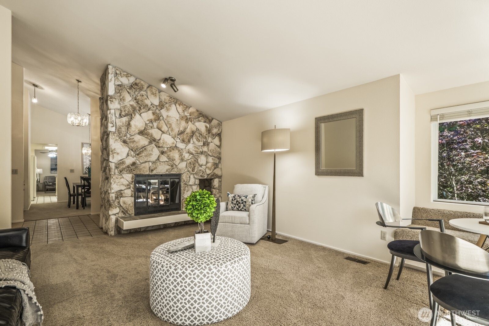 Stone faced gas fireplace