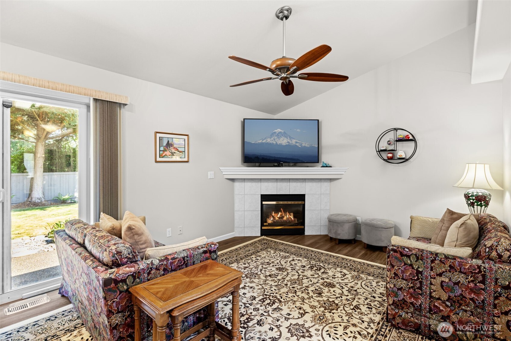 Patio access off family room. Natural gas fireplace.