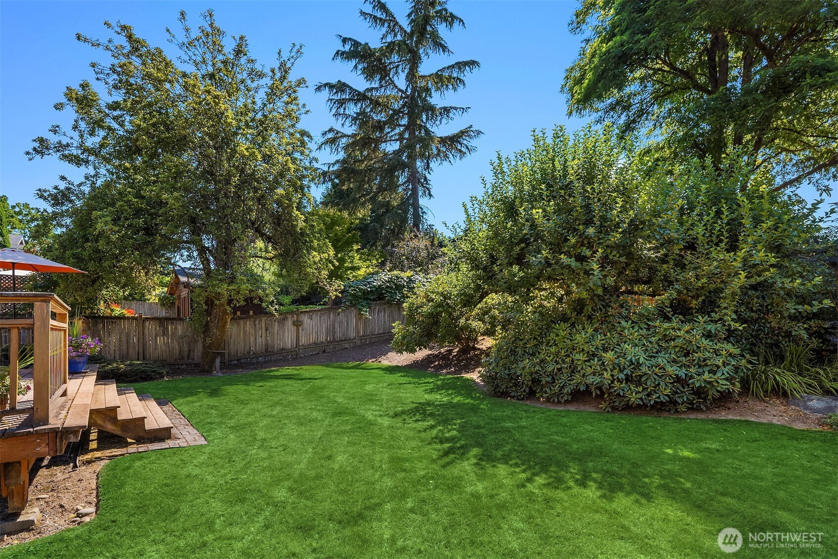 Fruit trees grace this special backyard. (Grass is edited green.)