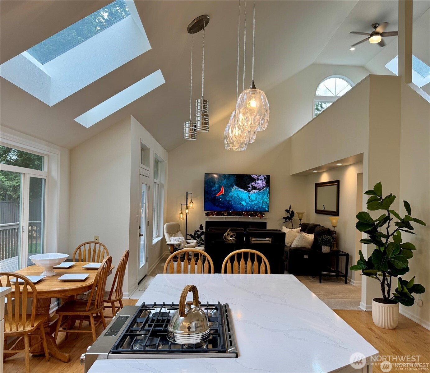 Open design 25 foot ceiling, custom living loft overlooking family room, two new skylights, custom lighting, built in fireplace and new luxurious carpets throughout the home.