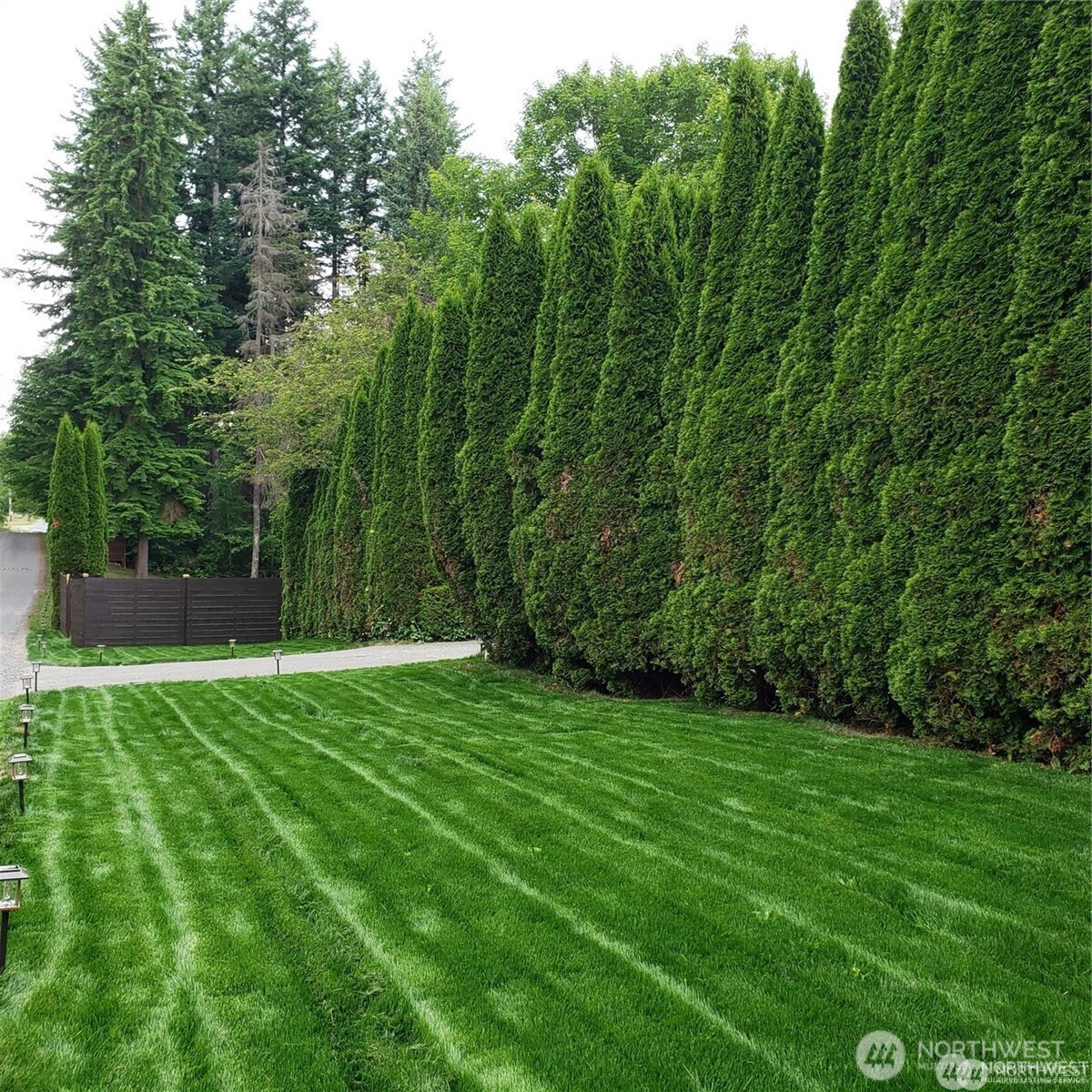 View of the front well-maintained grounds with over 12,000 square feet of new sod, mature trees, offering a peaceful and private setting.