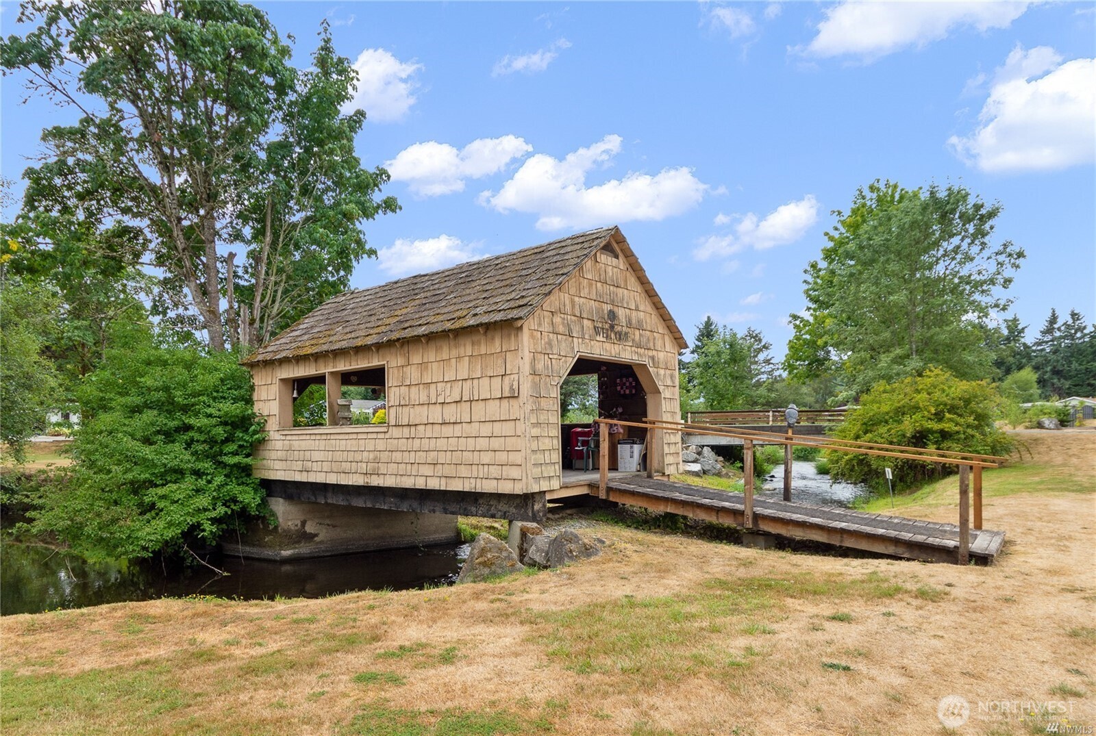 Scenic covered bridge is a fun place to play cards or have coffee.