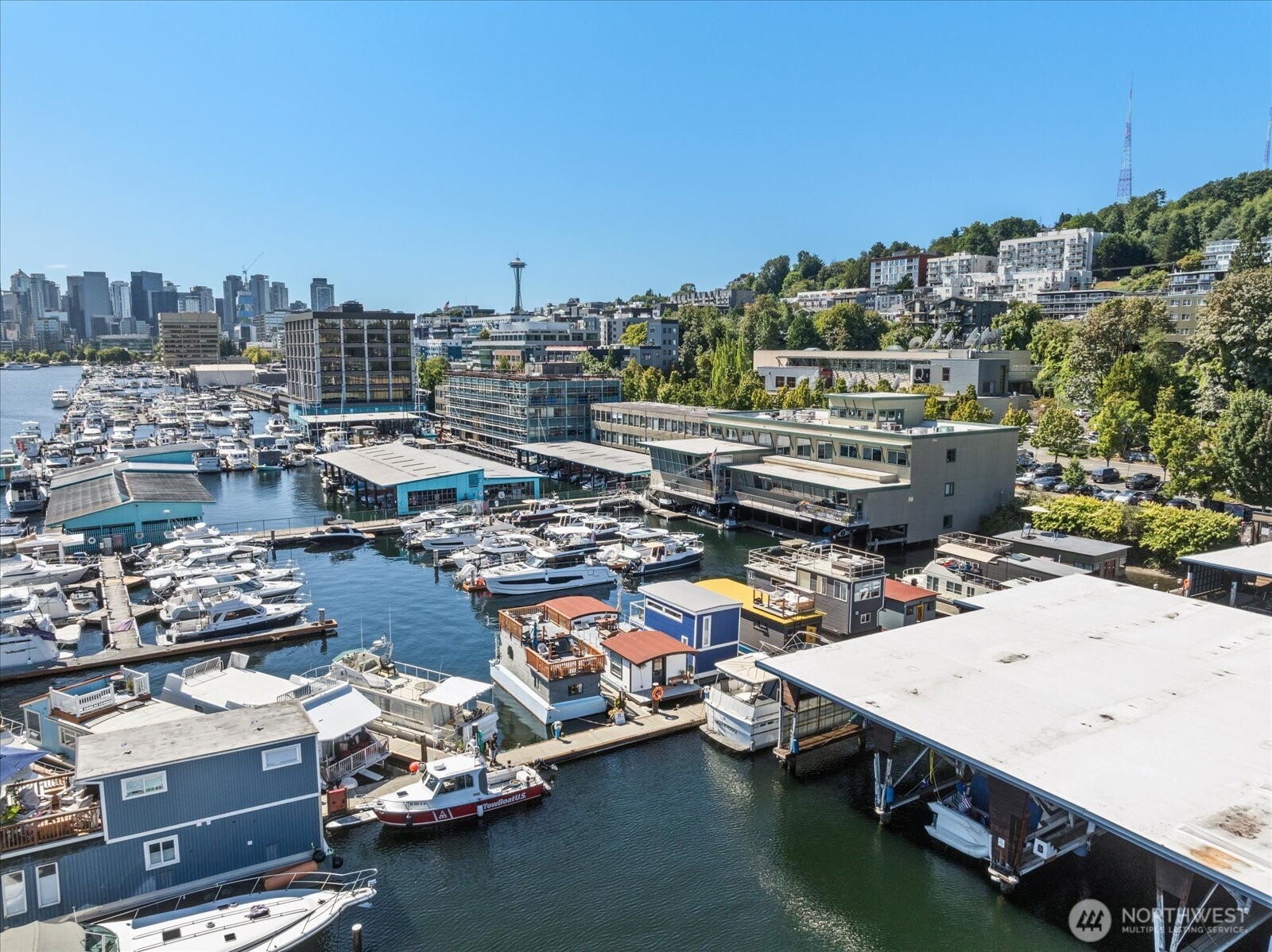 Aeriel view to show houseboat's proximity to downtown Seattle