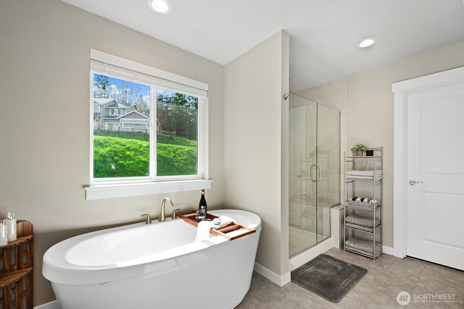 Beautiful standing soak tub.