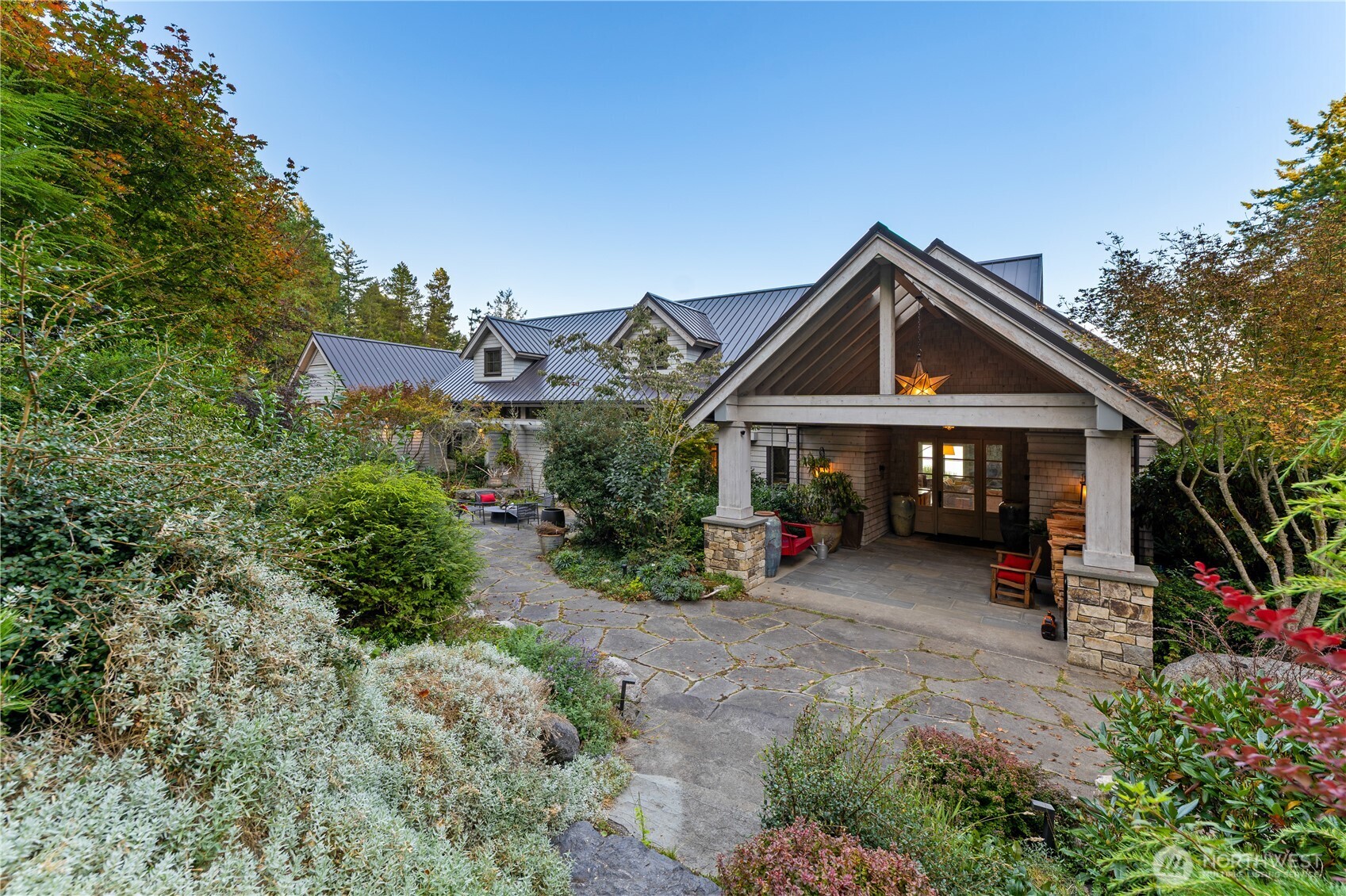The covered entry is one of the owner's favorite spots to sip coffee bundled up on a rainy or snowy morning.
