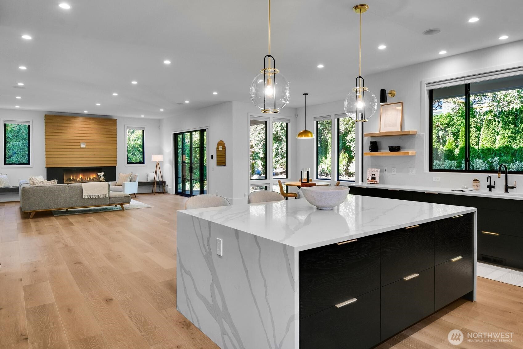 Waterfall quartz counters on the kitchen island