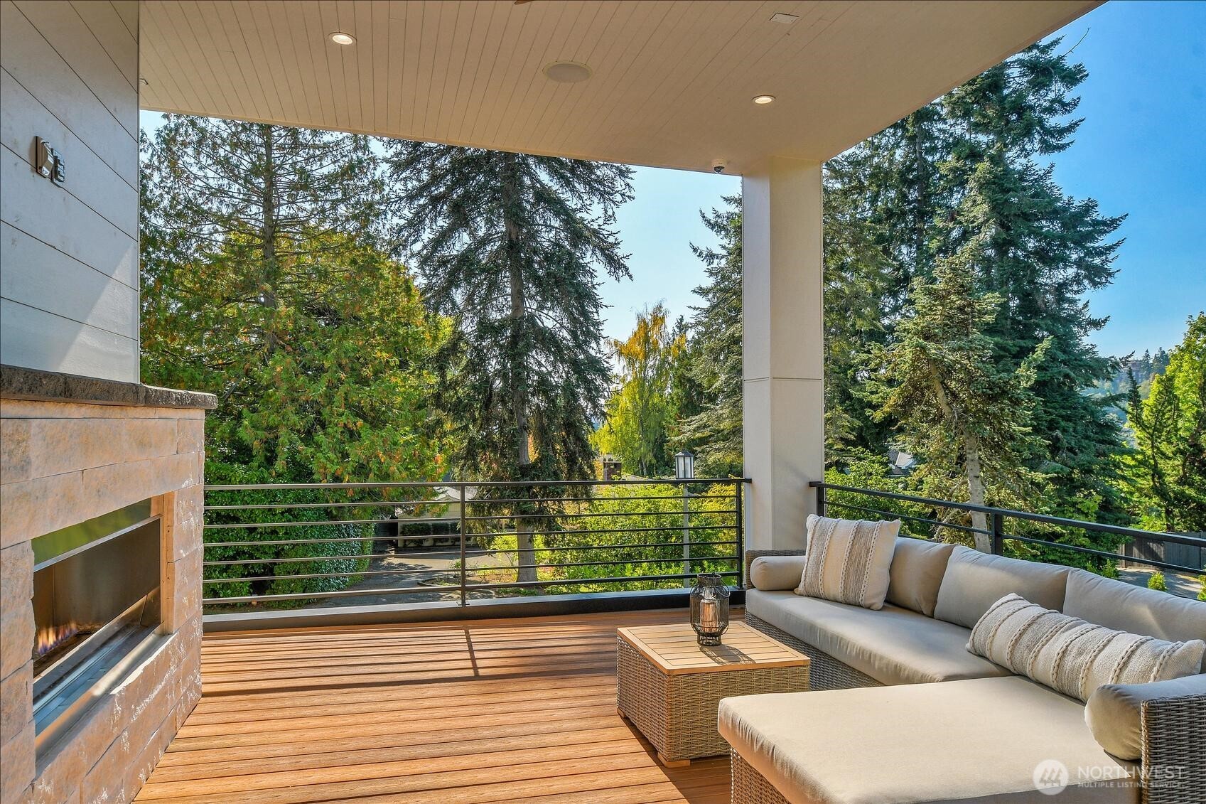 One of the two covered decks that are accessed from the living room