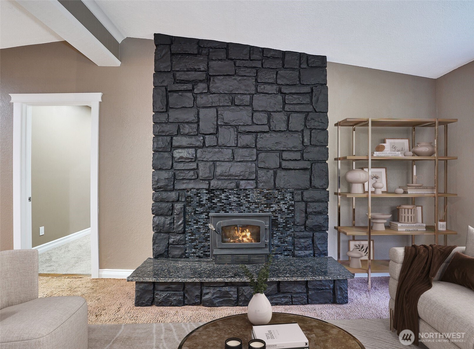 Front living room with wood insert.