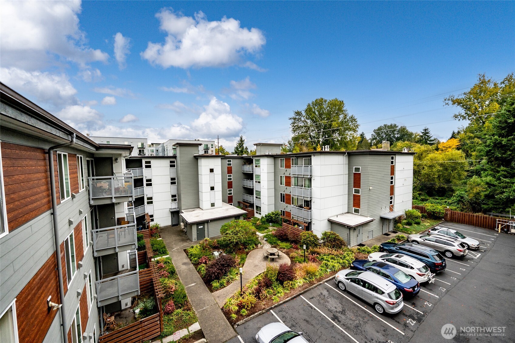 Deck overlooks complex park area