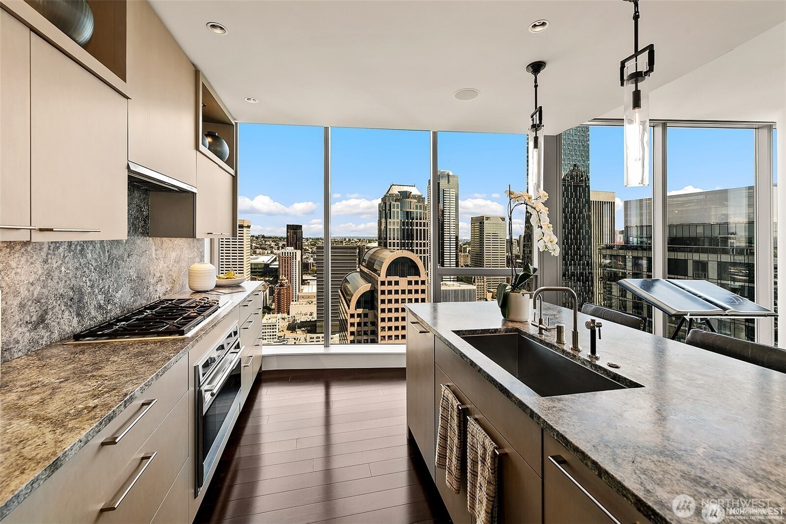 chefs kitchen with abundant storage and top of the line appliances