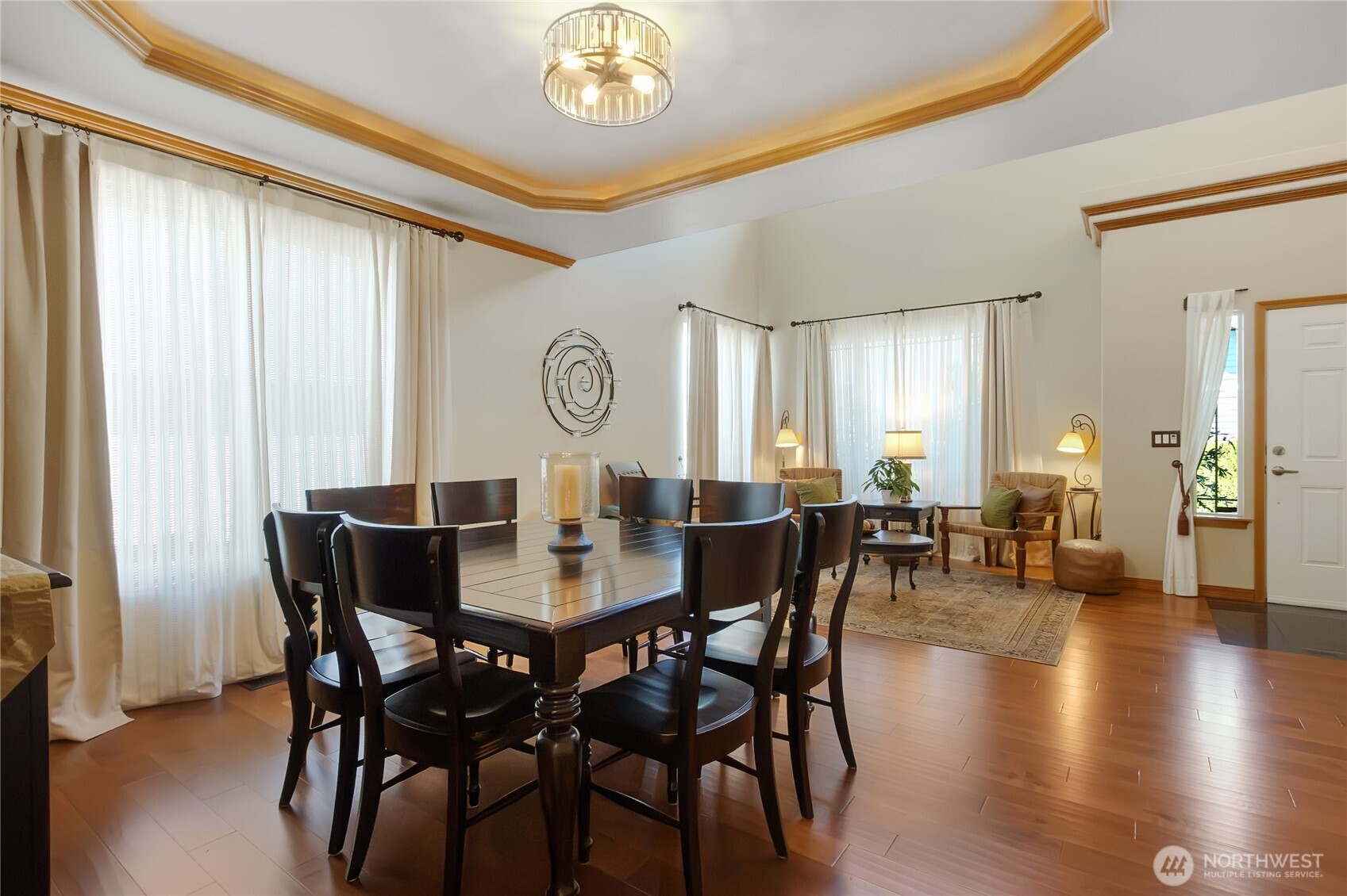 Tray ceiling with lighting.