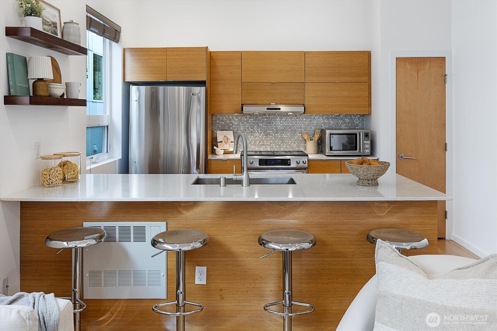 A large eat-in Kitchen with ample cabinetry and storage.