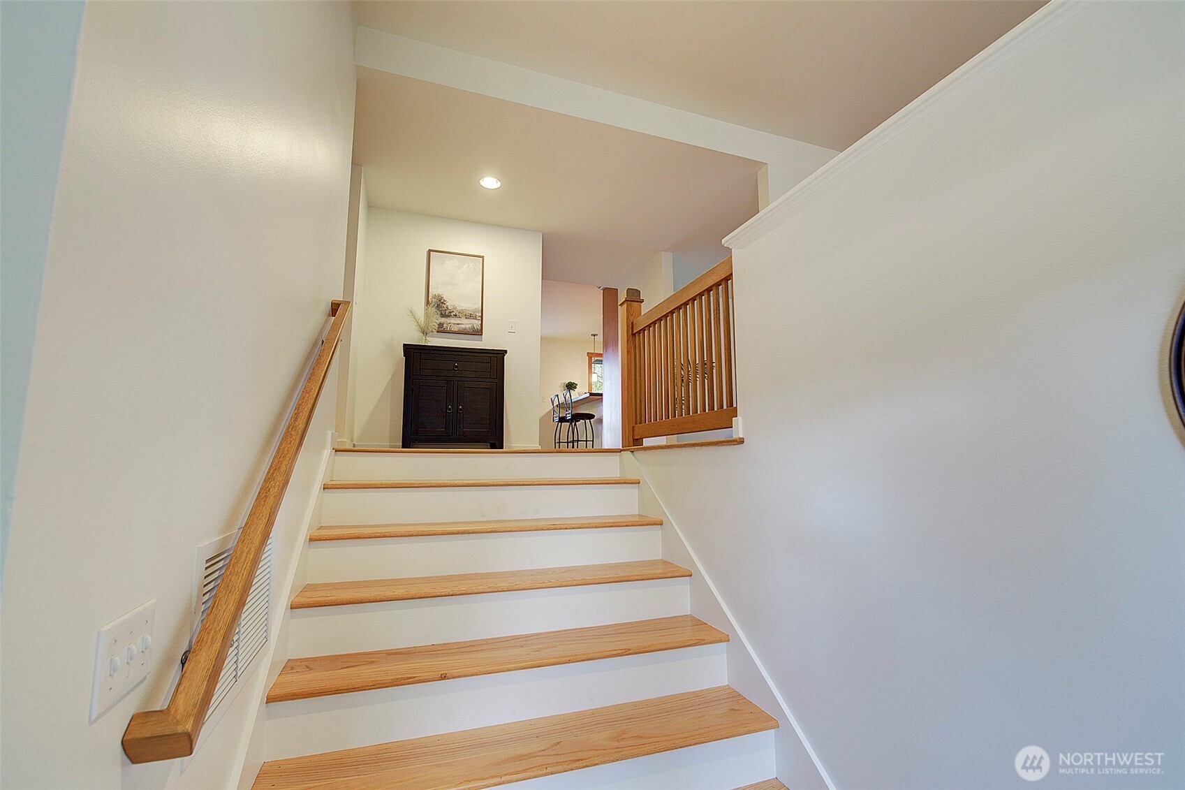 Wide stairs are hardwood