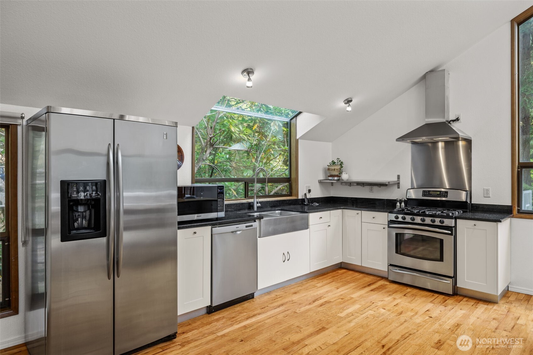 Kitchenaid and Bosch stainless steel appliances, granite countertops and double sink.