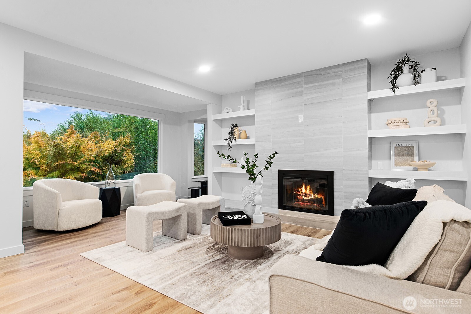 Amazing living room with wood burning fireplace