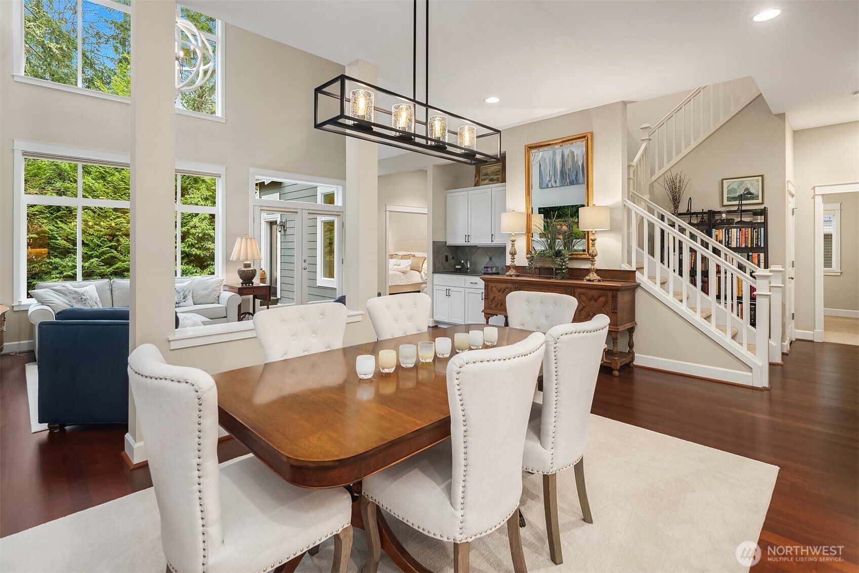 The design of dining room allows to extend table out for large gatherings.