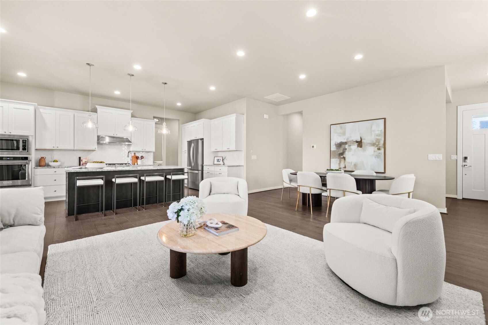 Dining area flows effortlessly between kitchen and living room.