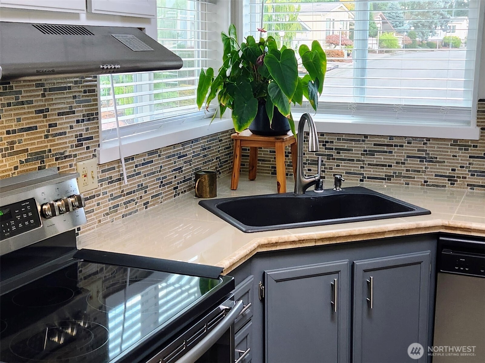 Custom counters and gourmet kitchen.