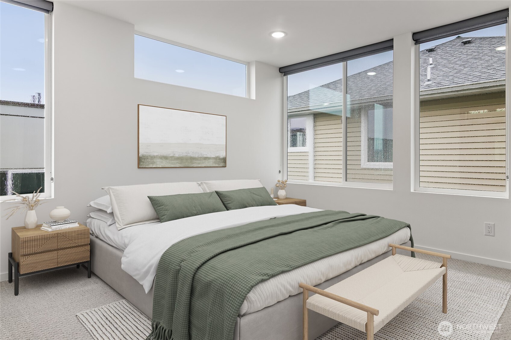 Primary bedroom located on 3rd floor with mini split for heating and cooling.  Easily fit a King bed in the 13'11" x 15'7" room.  Additional closet at top of stairs on third floor.  Door on left leads to rooftop deck.