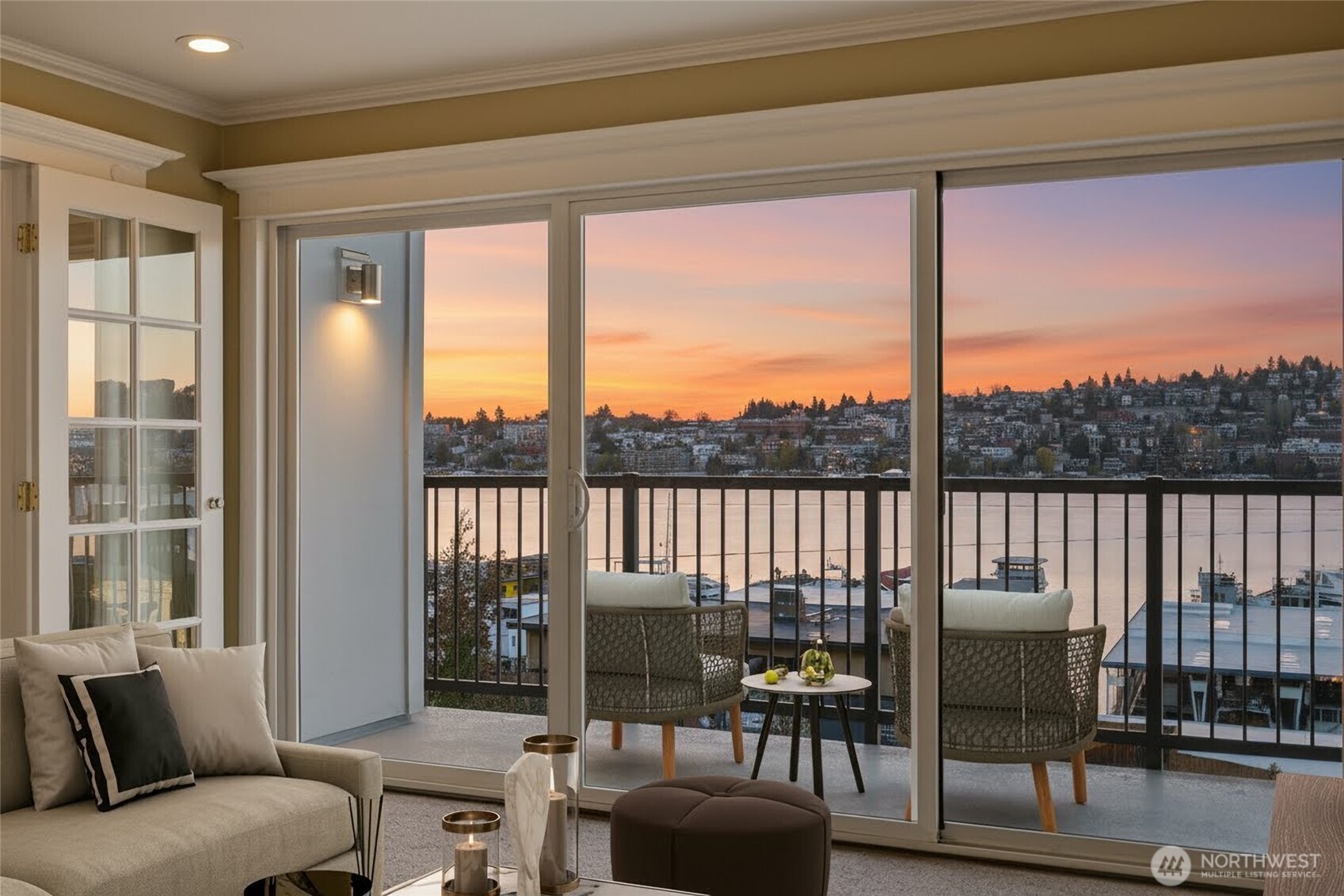 Enjoy breathtaking sunsets over Lake Union and the city skyline from your living room.