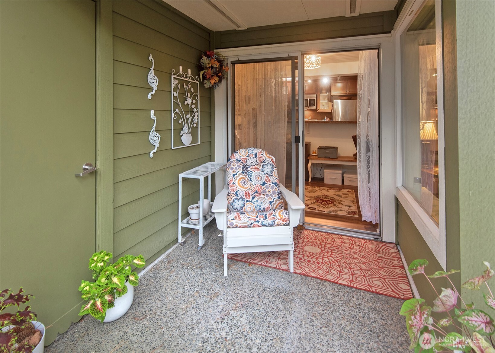 Quiet patio with additional storage.