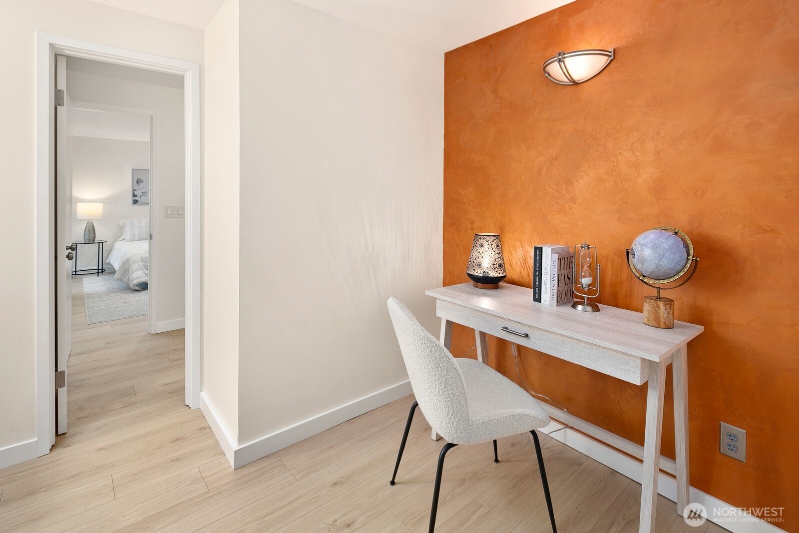 Office nook or closet?  You decide.  This space in Bedroom #2 was originally designed as a closet, but it also makes a great office nook.  Easy to add a closet bar or shelving for additional storage in this space.