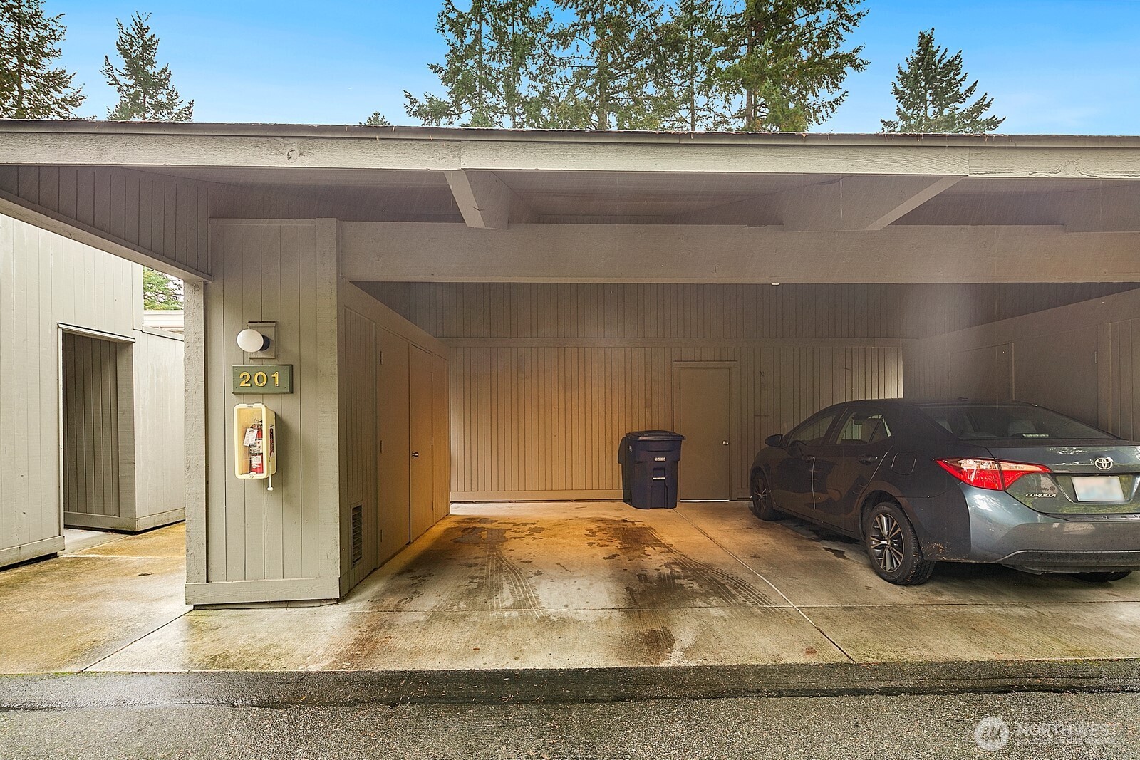 1 Car Covered Parking spot is reserved (#201) at your unit.  There is a storage closet to the LEFT with plenty of room for tools, bikes, decor and other items.   There is abundant free parking nearby at the pool/clubhouse area.