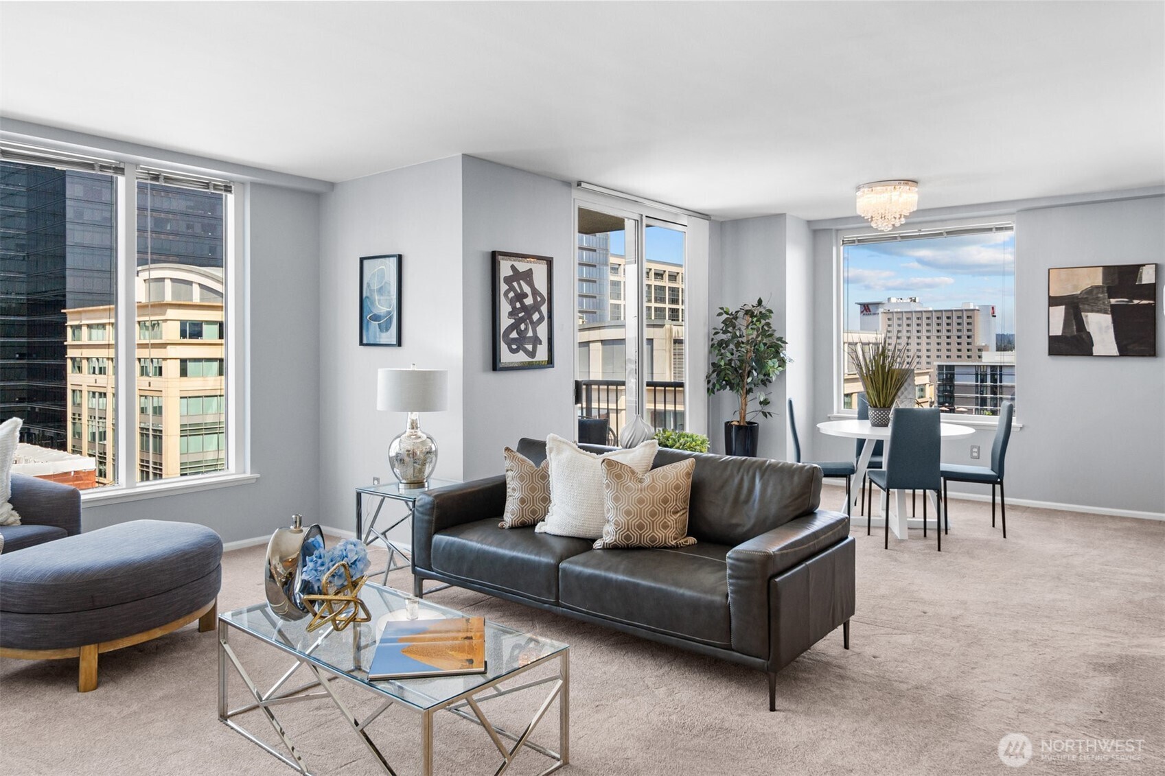 : Spacious living area in a 1,754 sq ft residence at Bellevue Pacific Tower.