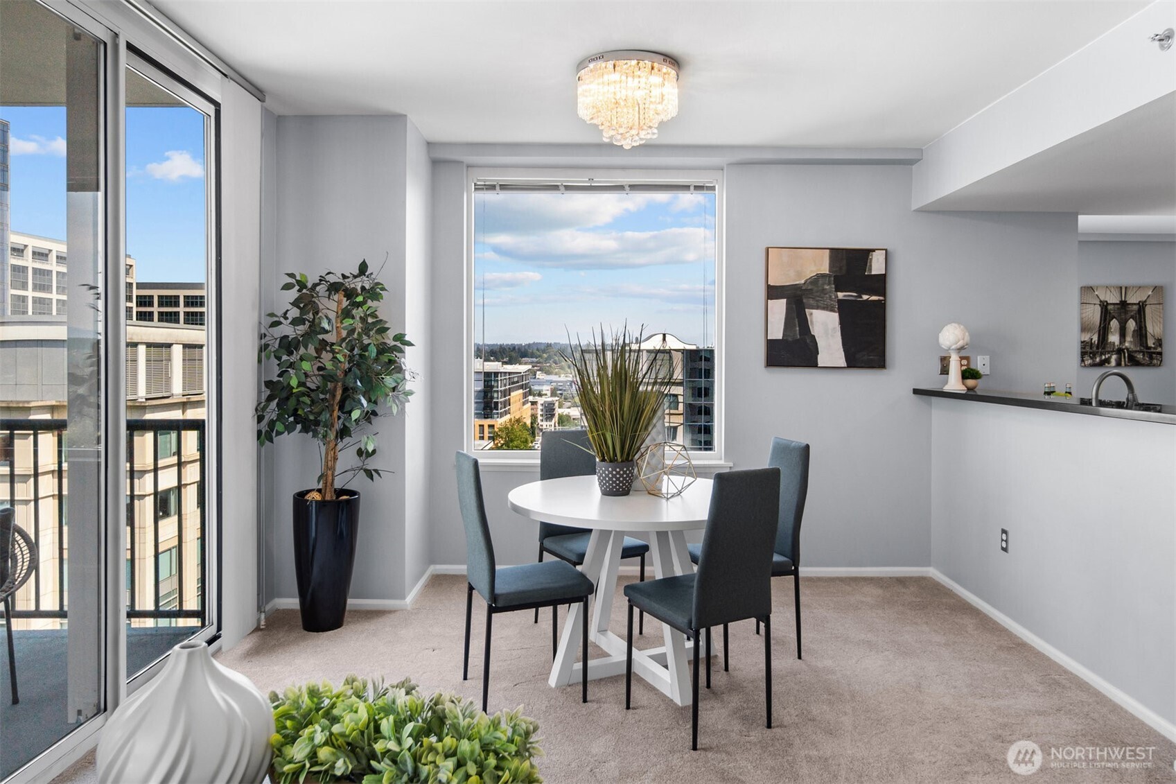 Views of the Cascades and city lights.