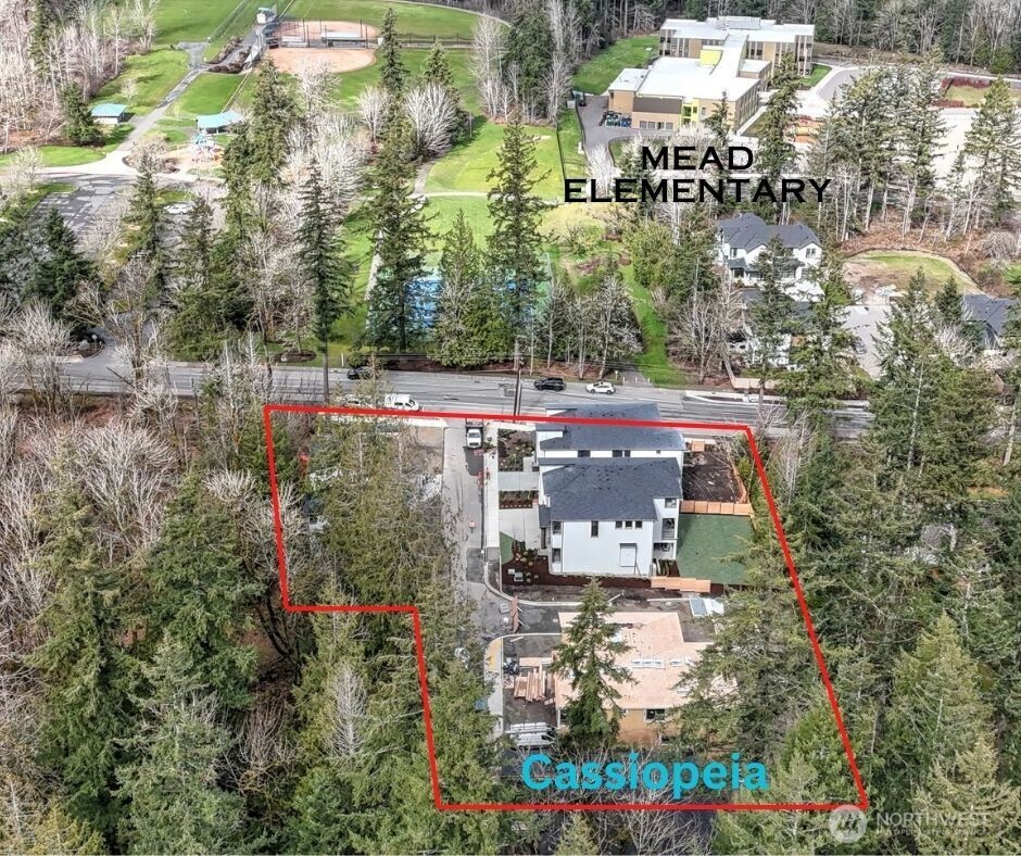 Cassiopeia is located literally across the street from Mead Elementary School and popular East Sammamish Park. Red Boundary lines for Cassiopeia are approximate location of the boundary.