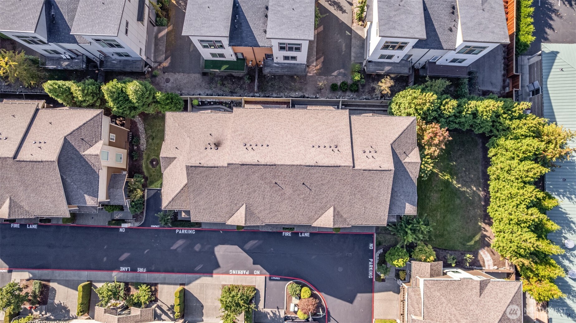 Great aerial view of Hillcrest Village, notice the convenient guest parking space just steps from the unit.