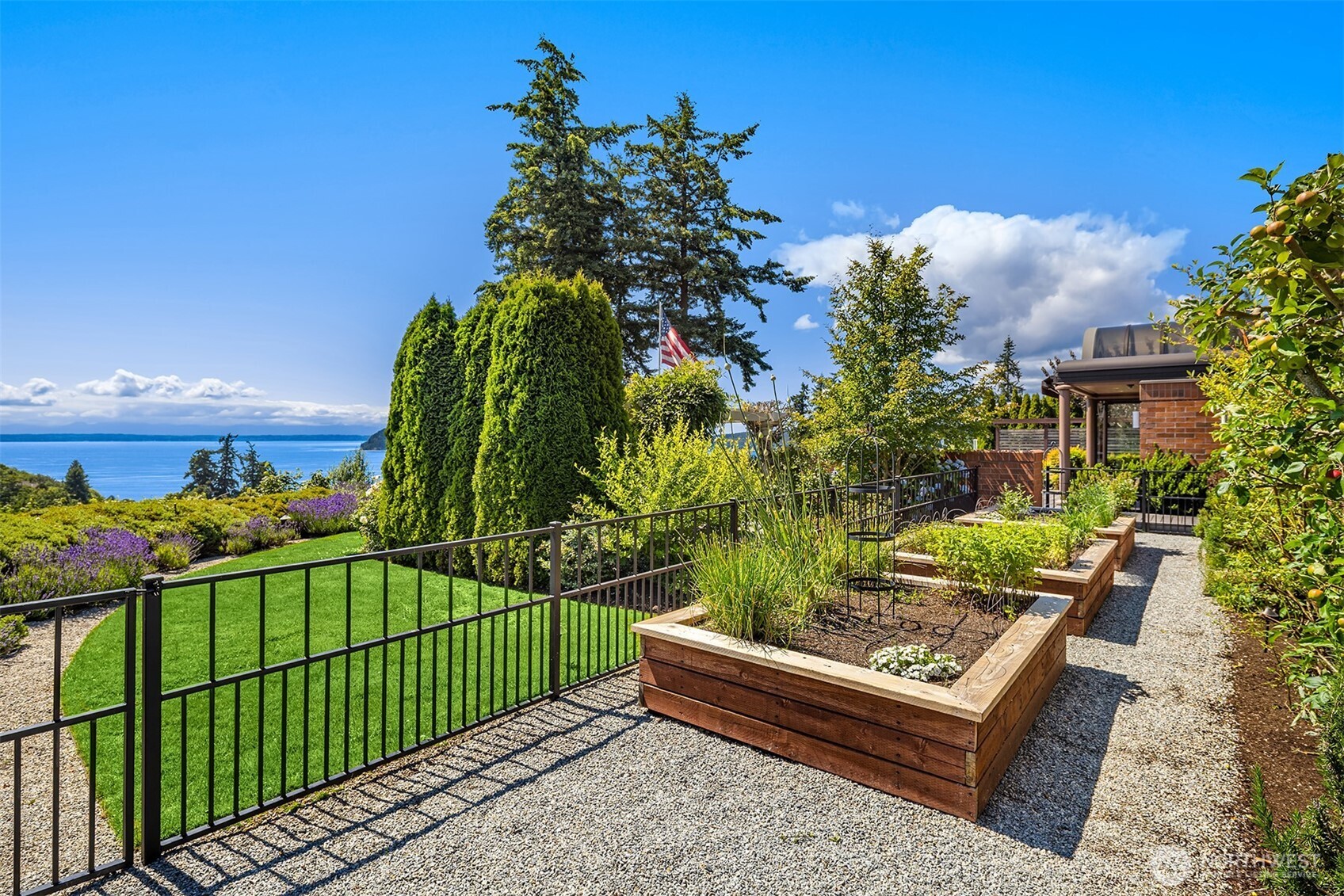 Raised vegetable, fruit, and herb gardens.