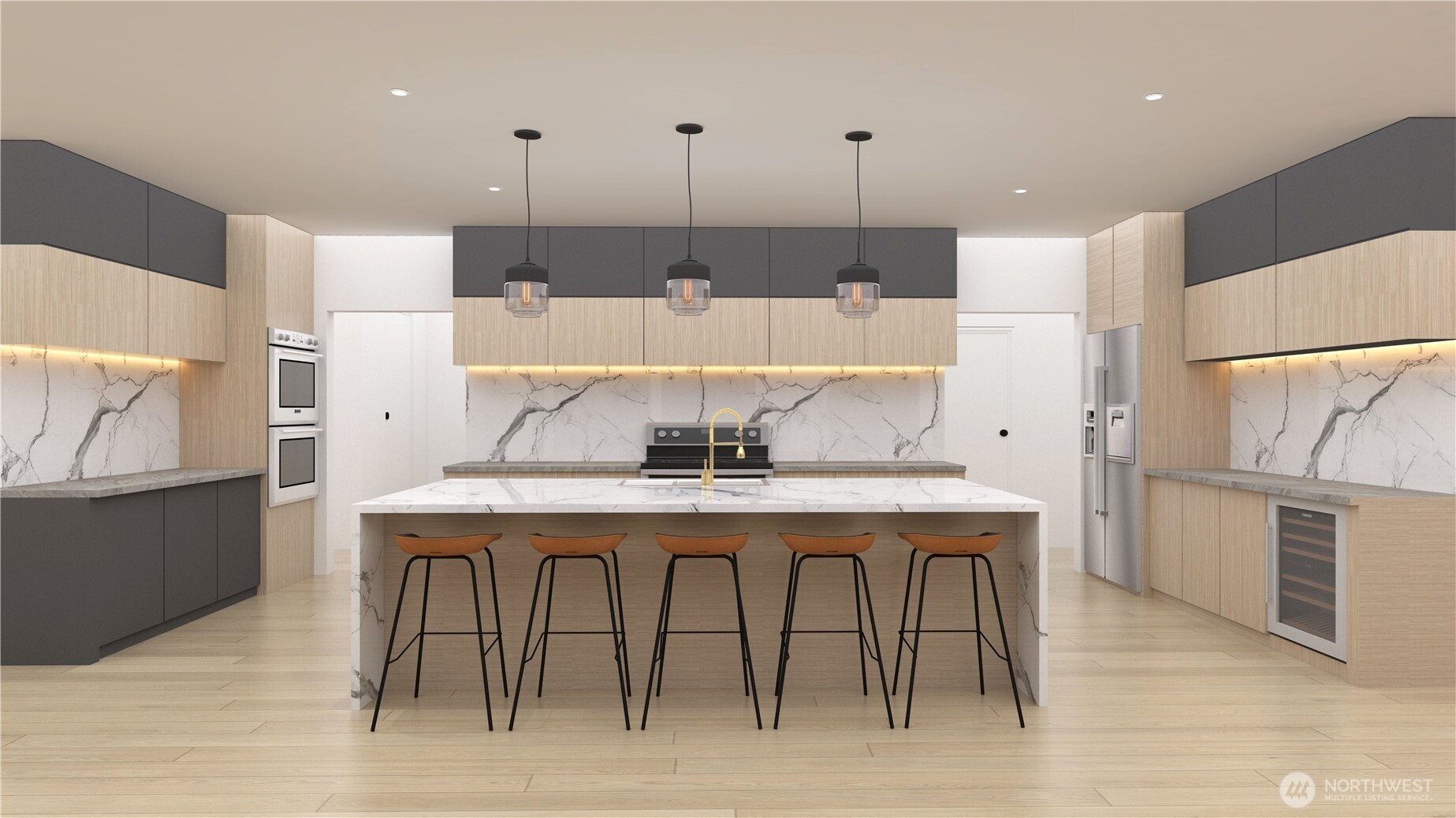 The chef’s kitchen includes stainless steel appliances, Calacatta countertops, sleek cabinetry, & an oversized island ideal for storage, meal prep, and effortless entertaining. *Kitchen Rendering*