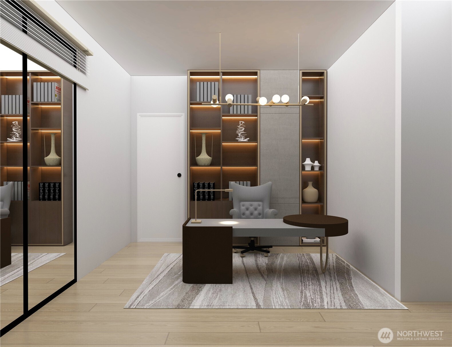 Modern, sophisticated office space featuring sleek finishes, abundant natural light, and a refined design perfect for productivity and style. *Interior Rendering*