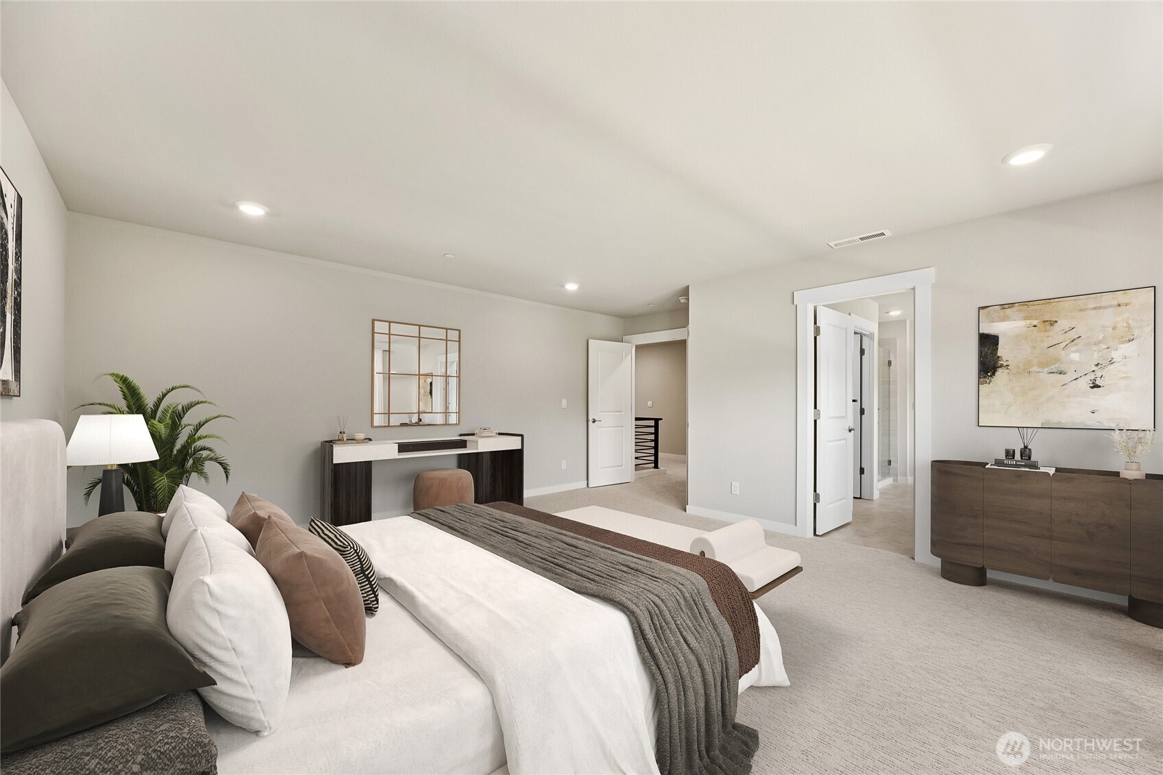 Double doors lead into primary suite - virtually staged.