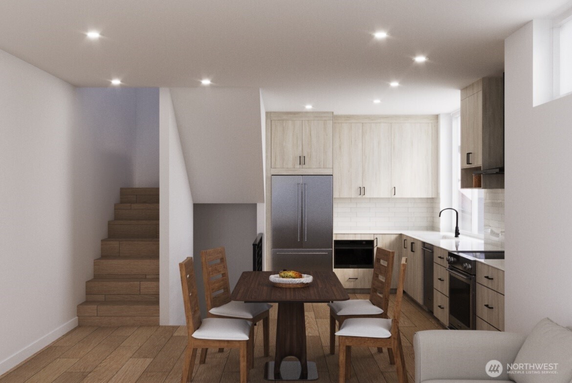 Rendering kitchen with stairs to primary