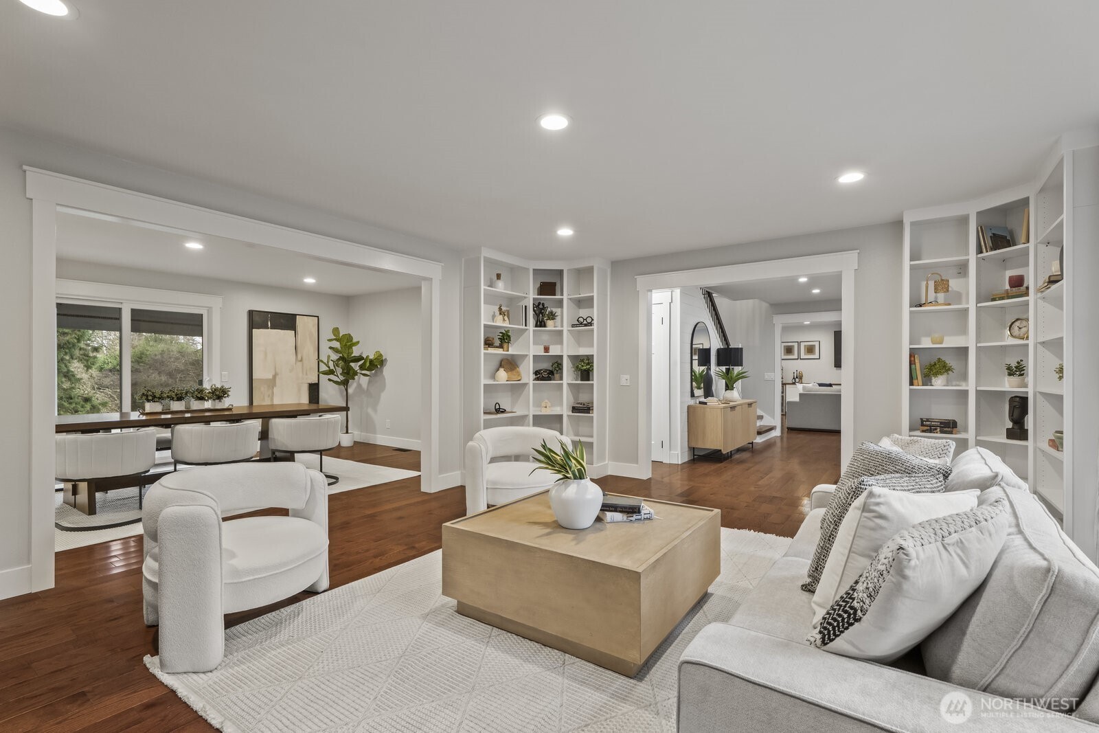 View from the library/living room looking back into the dining room and entry