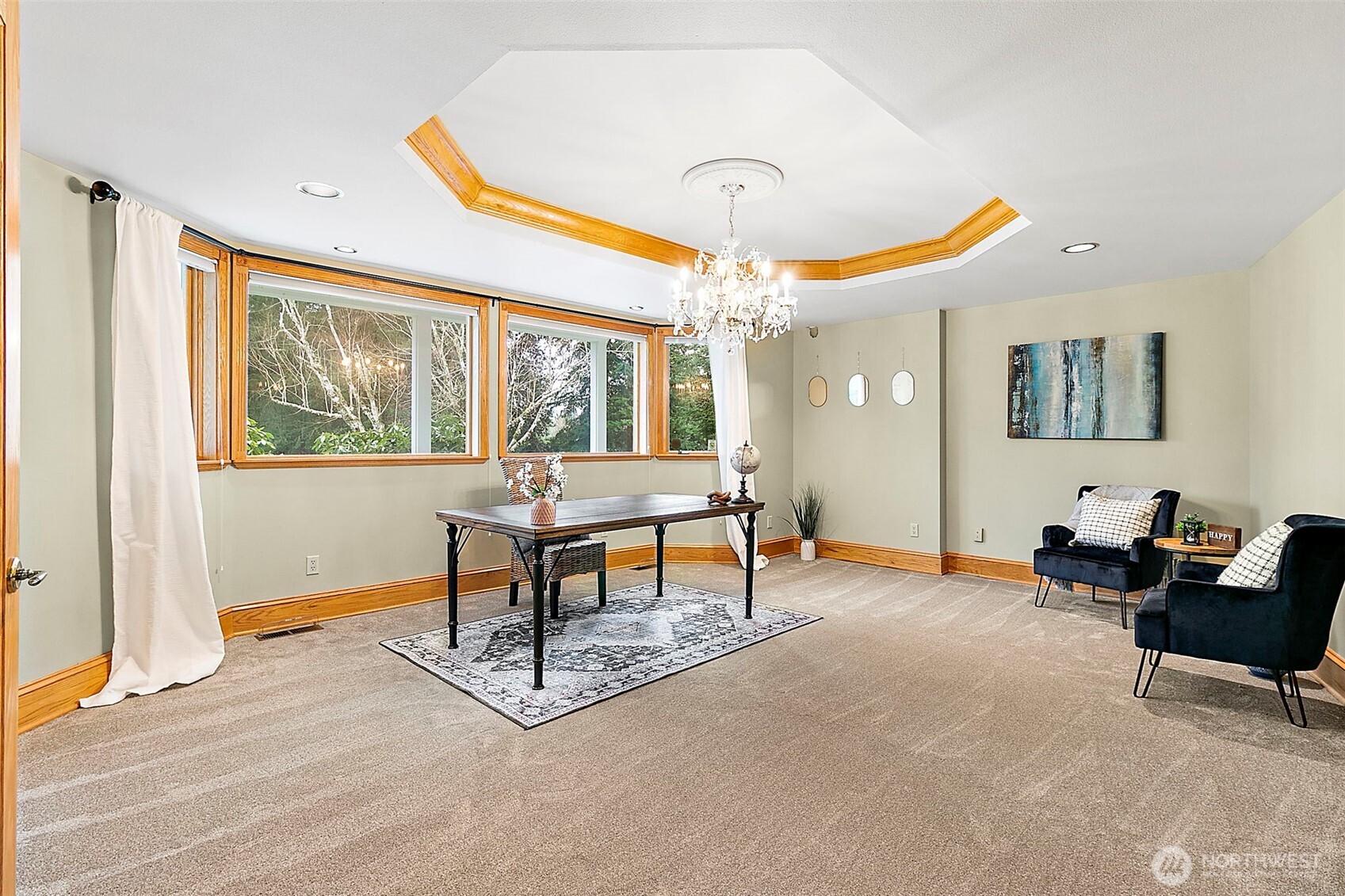 Main floor office space with new carpet.